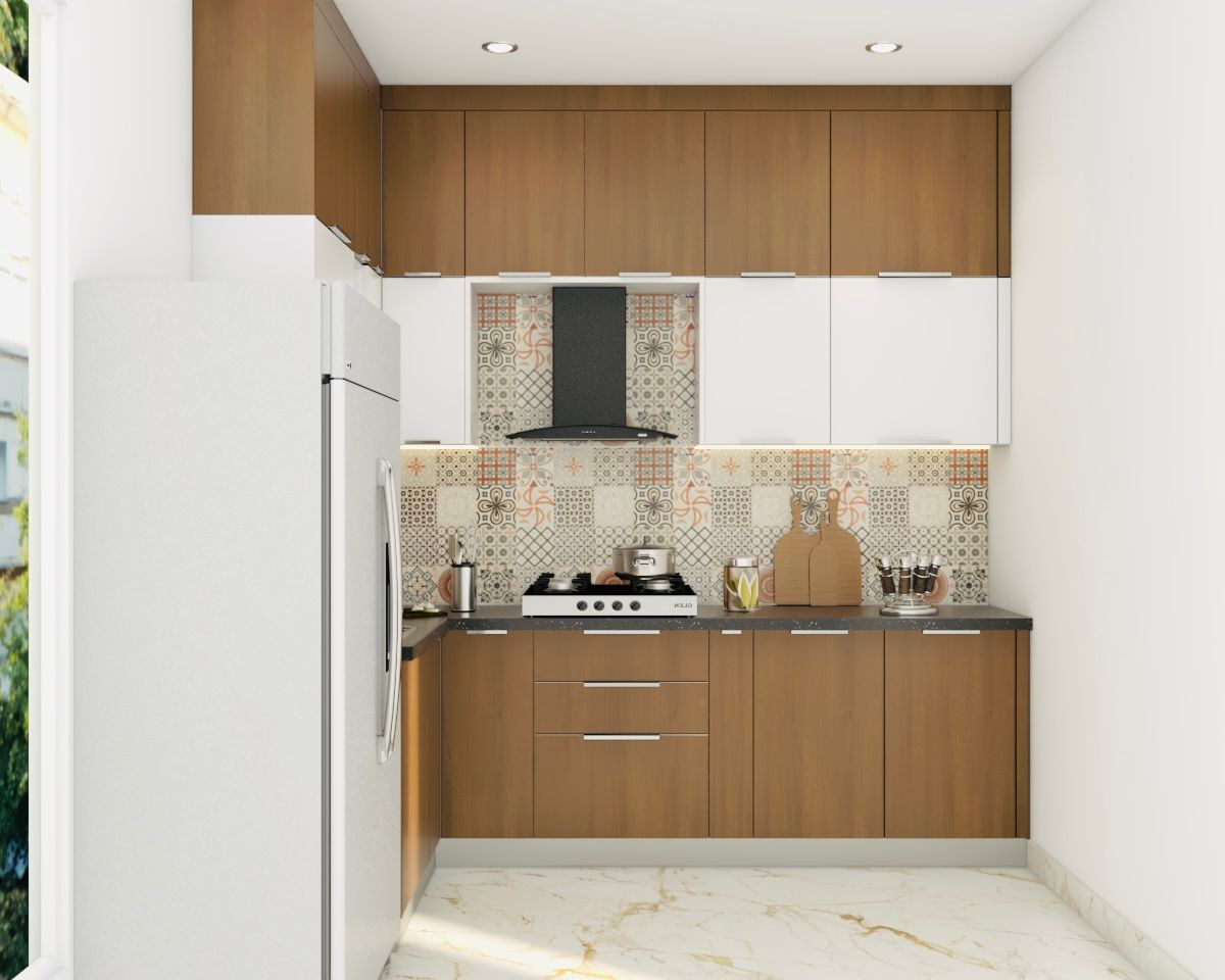 Modern L-Shaped White And Brown Modular Kitchen Design