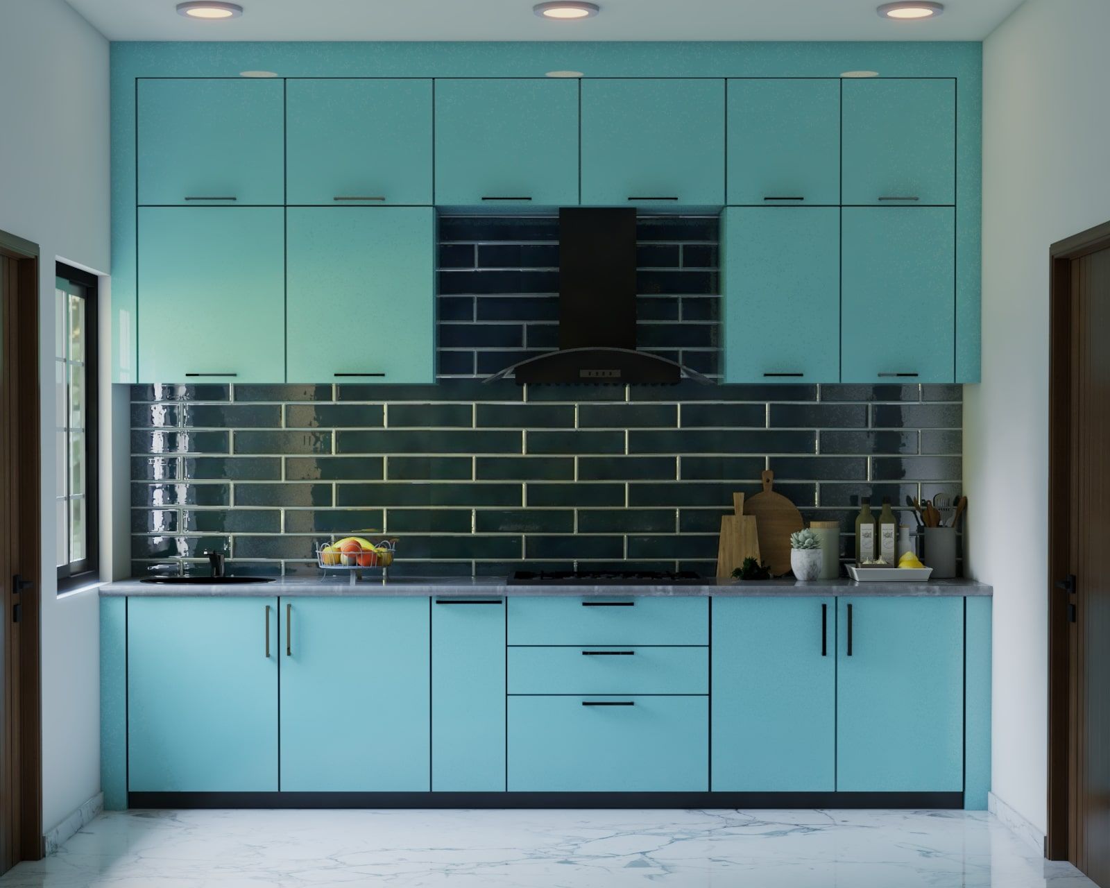 Modern Straight Indian Kitchen Design With Blue Cabinets