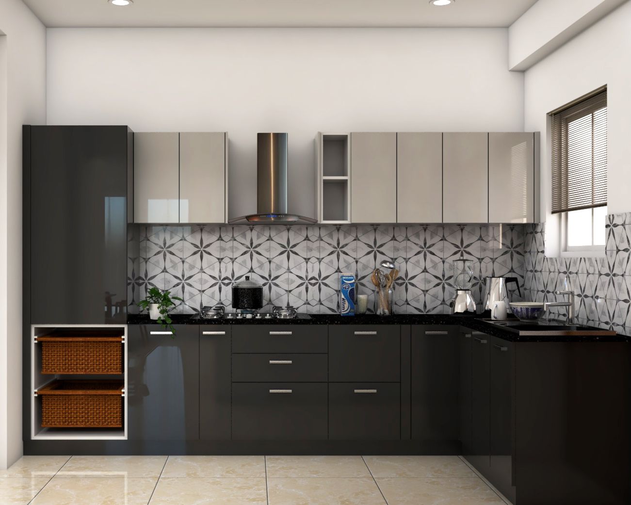Spacious L-Shaped Kitchen Design With Black Granite | Livspace