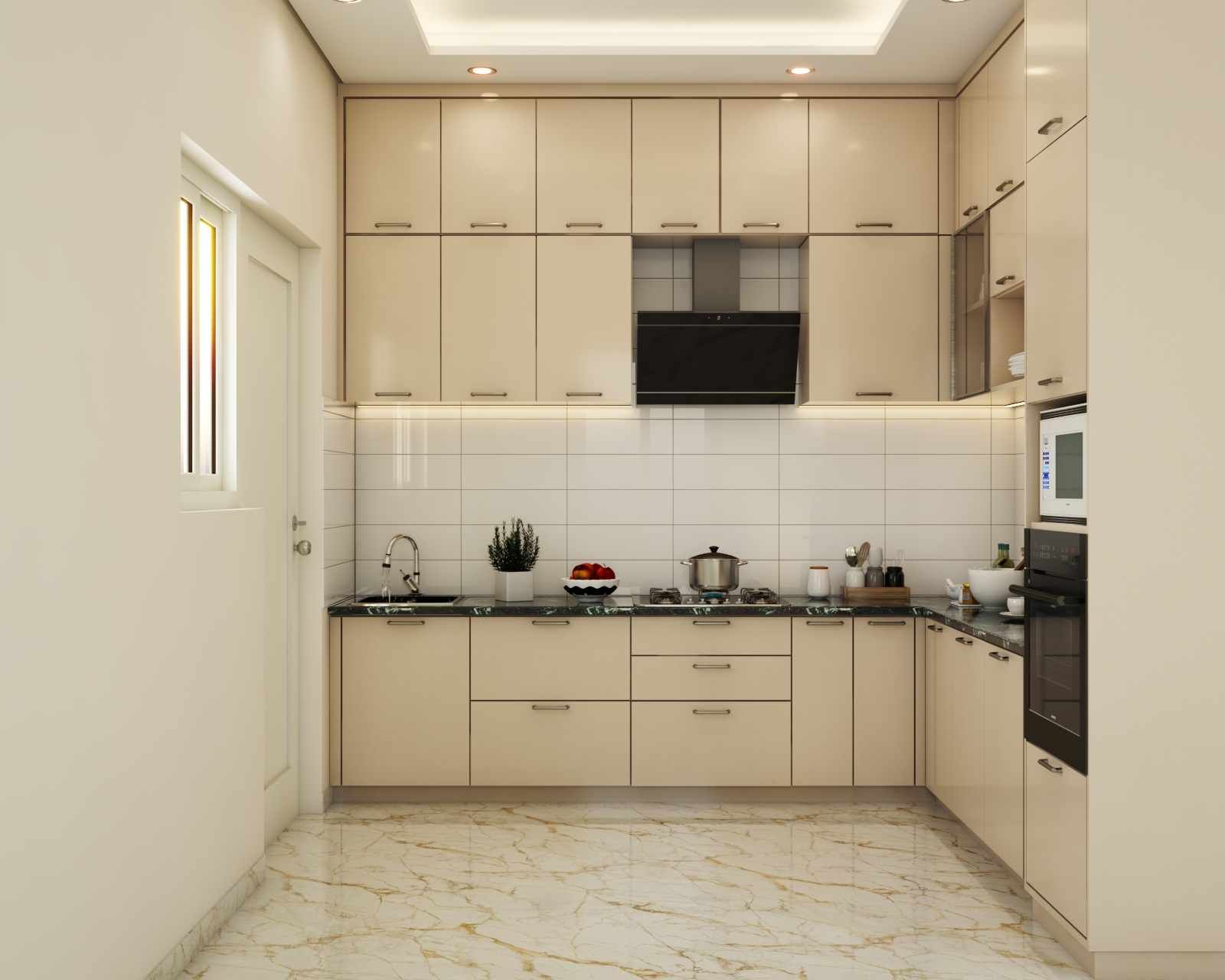 Modern L-Shaped Kitchen Design With Overhead Storage