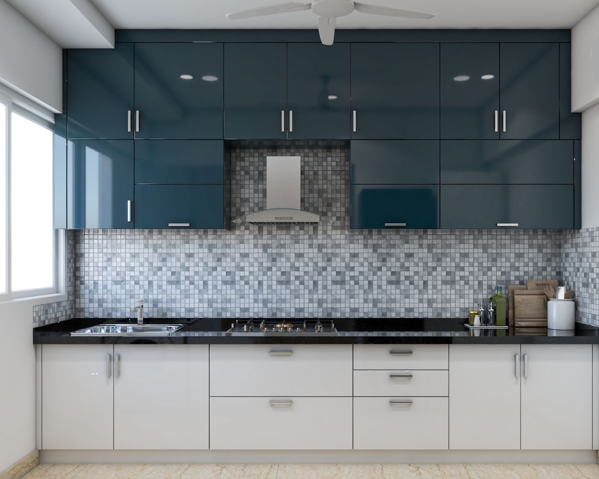 Modern Kitchen Cabinet Design In White And Trooper Blue With Dado Tiles