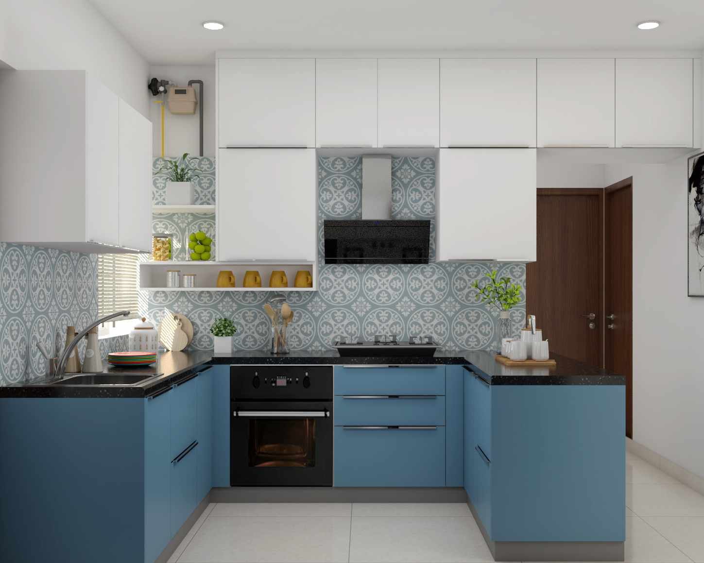 U-Shaped Modern Kitchen Design With Patterned Dado Tiles