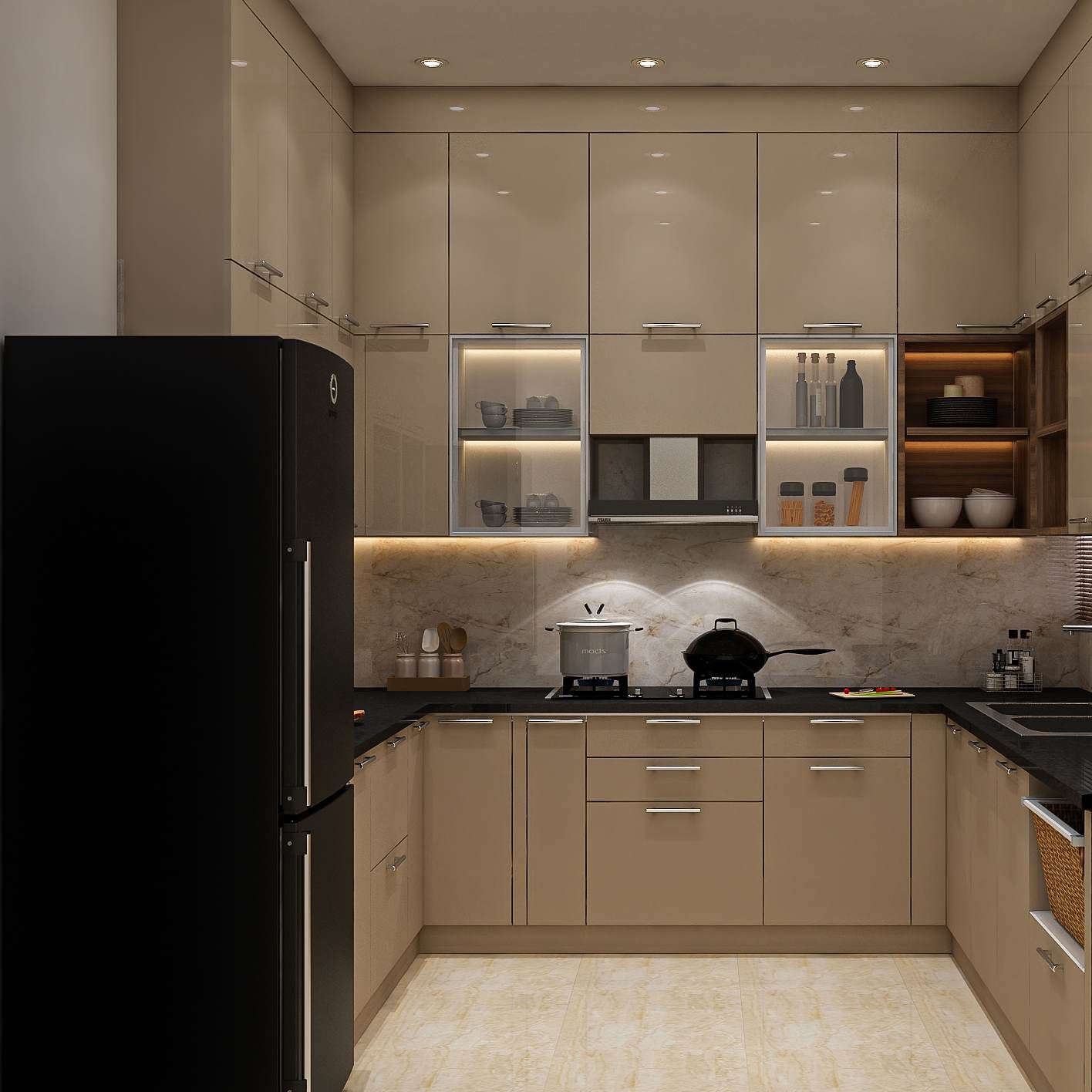 Modern U-Shaped Kitchen Design With A Beige Marble Backdrop
