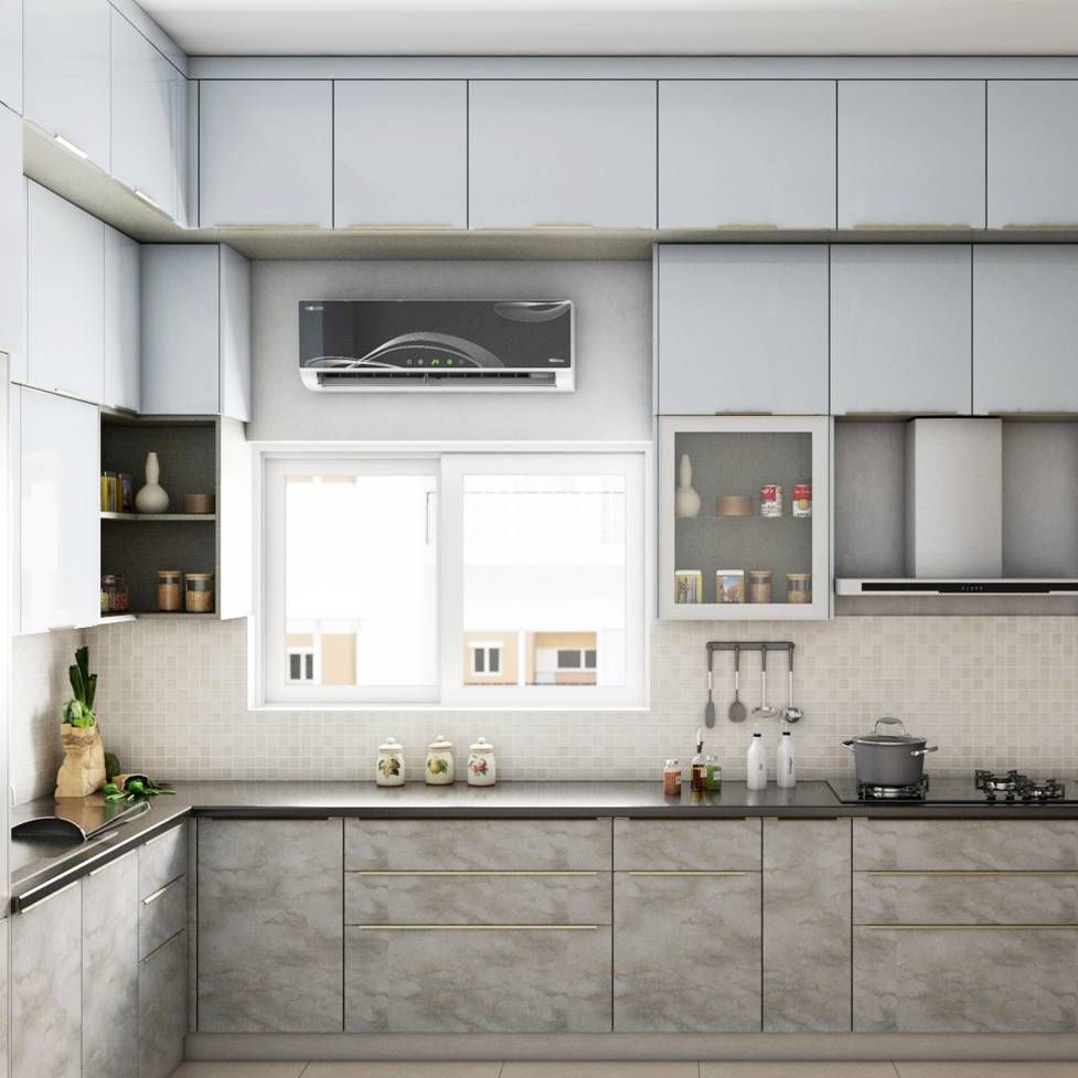Modern L-Shaped Modular Kitchen Design With Denim Suedette And Irish Marble Cabinets