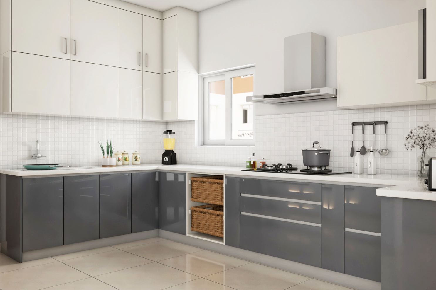 Modern Grey And White U-Shaped Kitchen Design