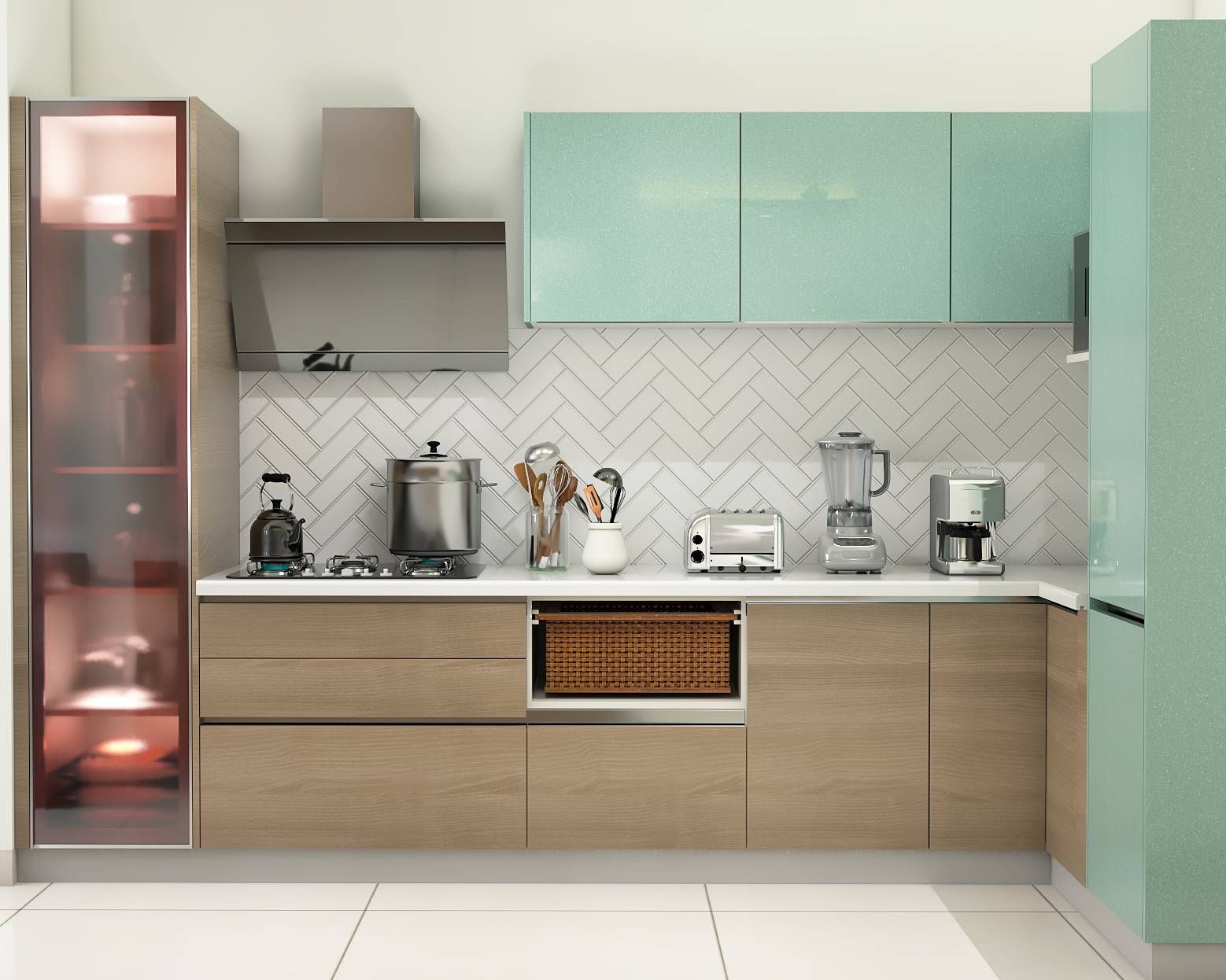 Contemporary Blue And Brown Modular Kitchen Design
