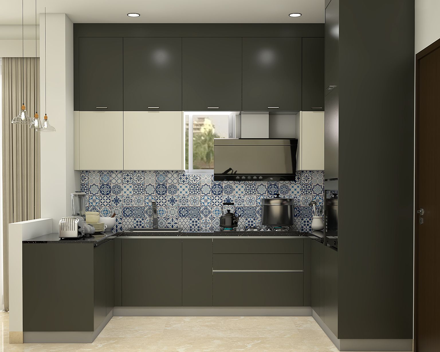 Contemporary Modular U-Shaped Kitchen Design With Tall Unit