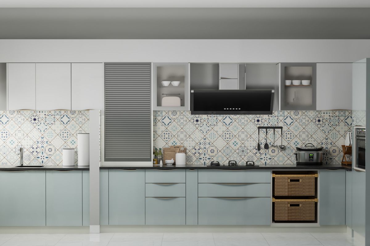 Modern L-Shaped Kitchen Design With Blue And White Patterned Dado Tiles