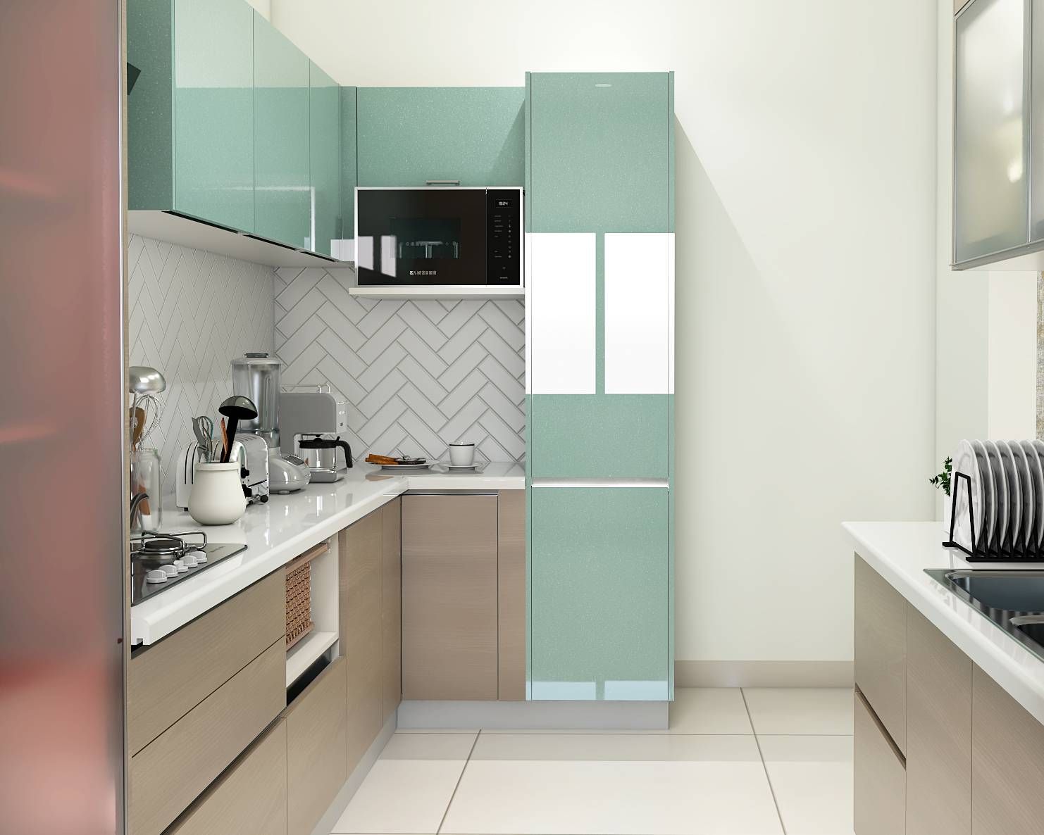 Contemporary Blue And Brown Modular Kitchen Design