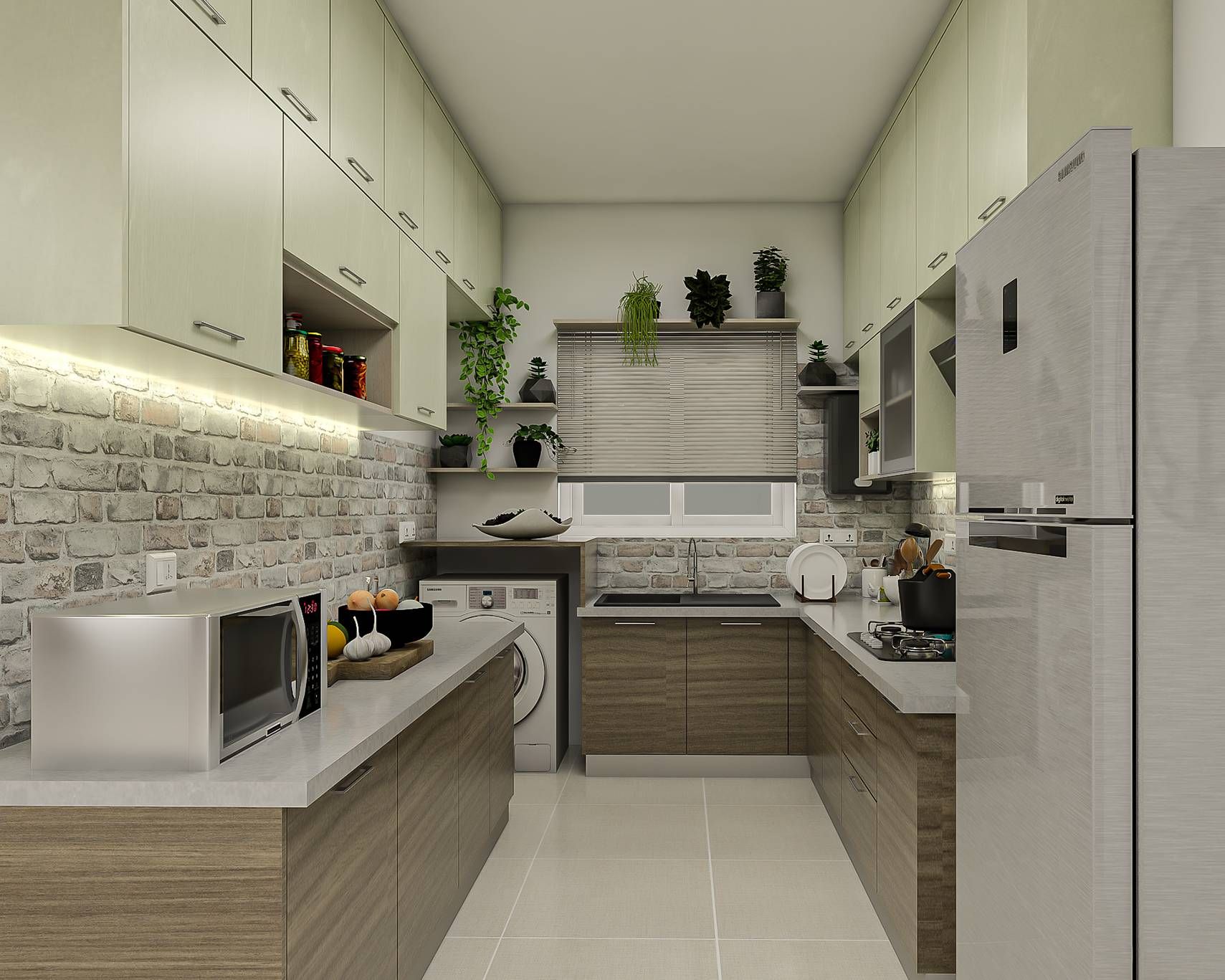 Modern Kitchen Design With Exposed Brick Wallpaper