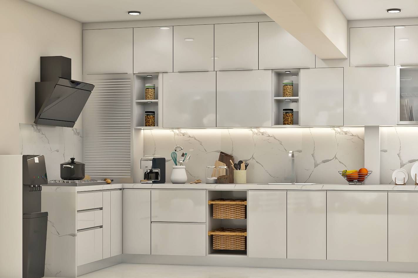 Modern L-Shaped White Modular Kitchen Design