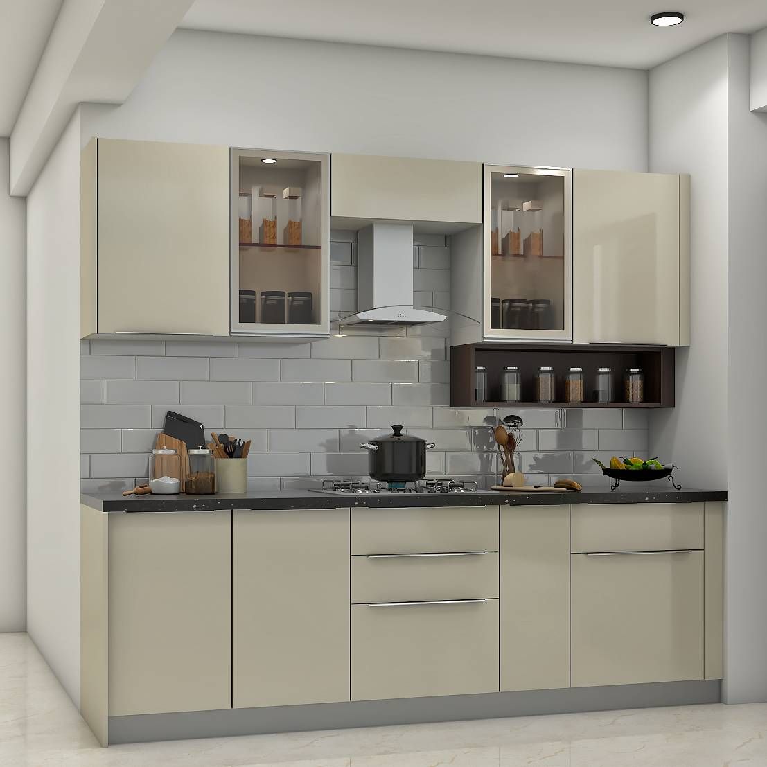 Modern Modular Indian Kitchen Design With Frosty White Cabinetry