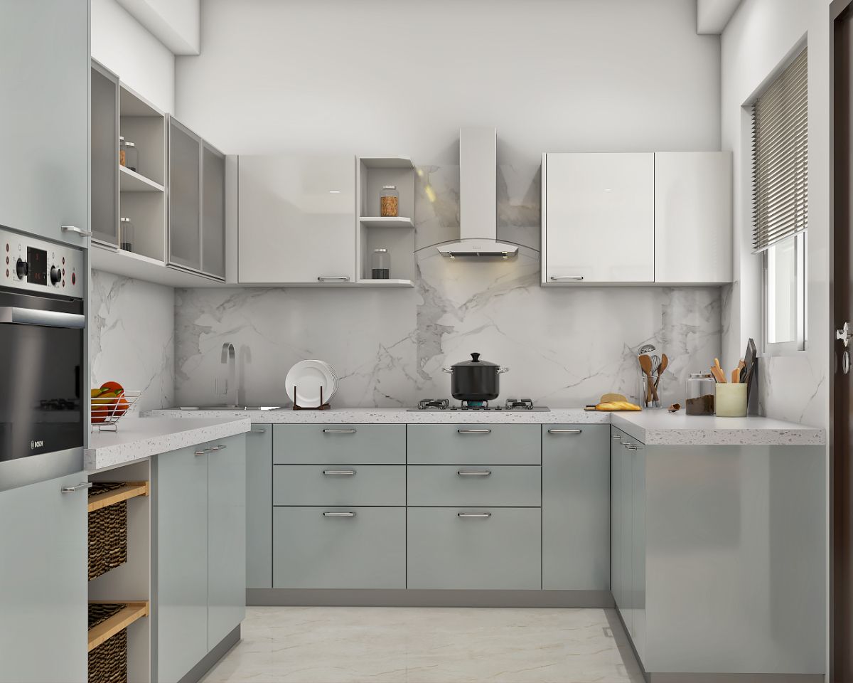 Compact U-Shaped Kitchen In Silver And White | Livspace