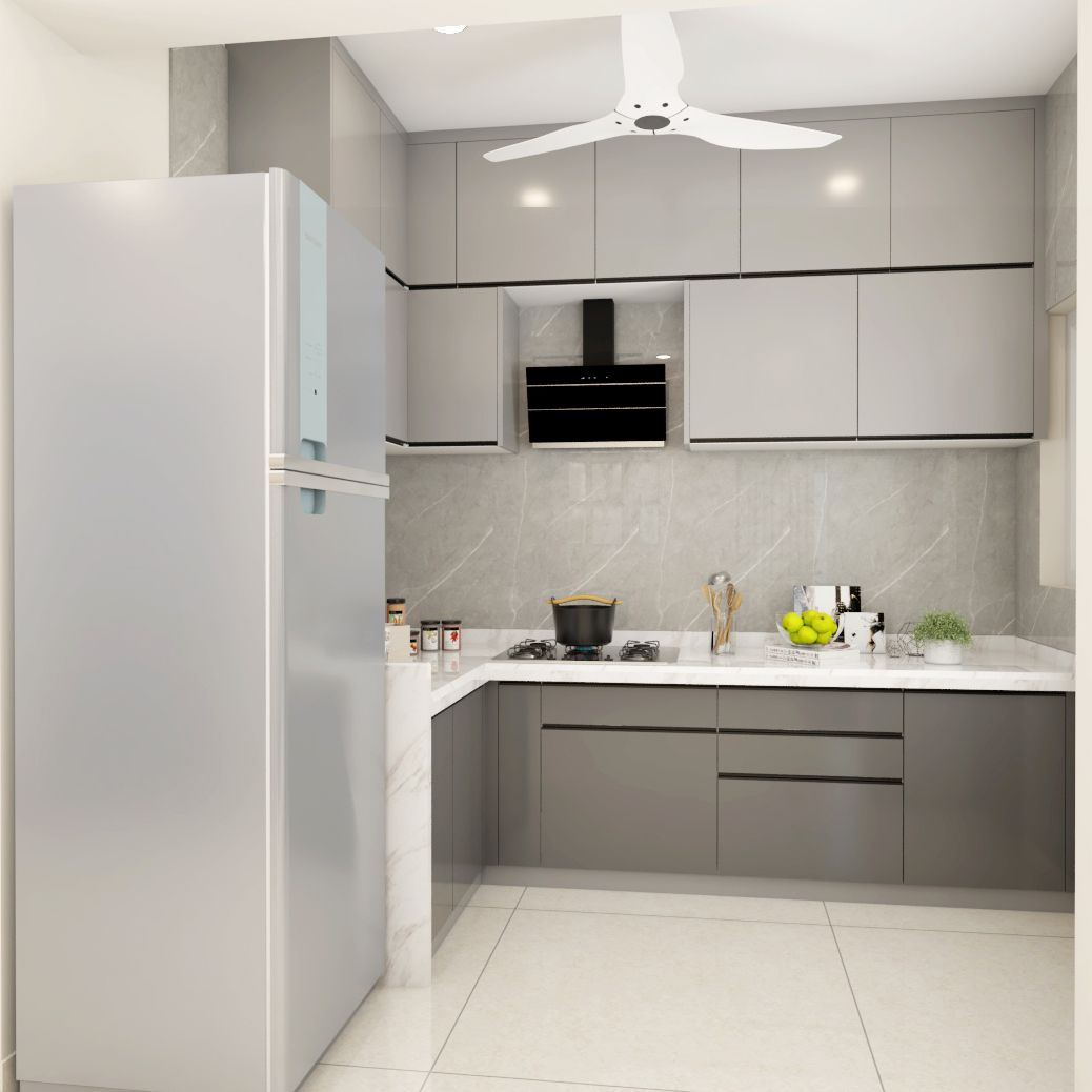 Contemporary L-Shaped Kitchen Design With Grey Base And Wall Units