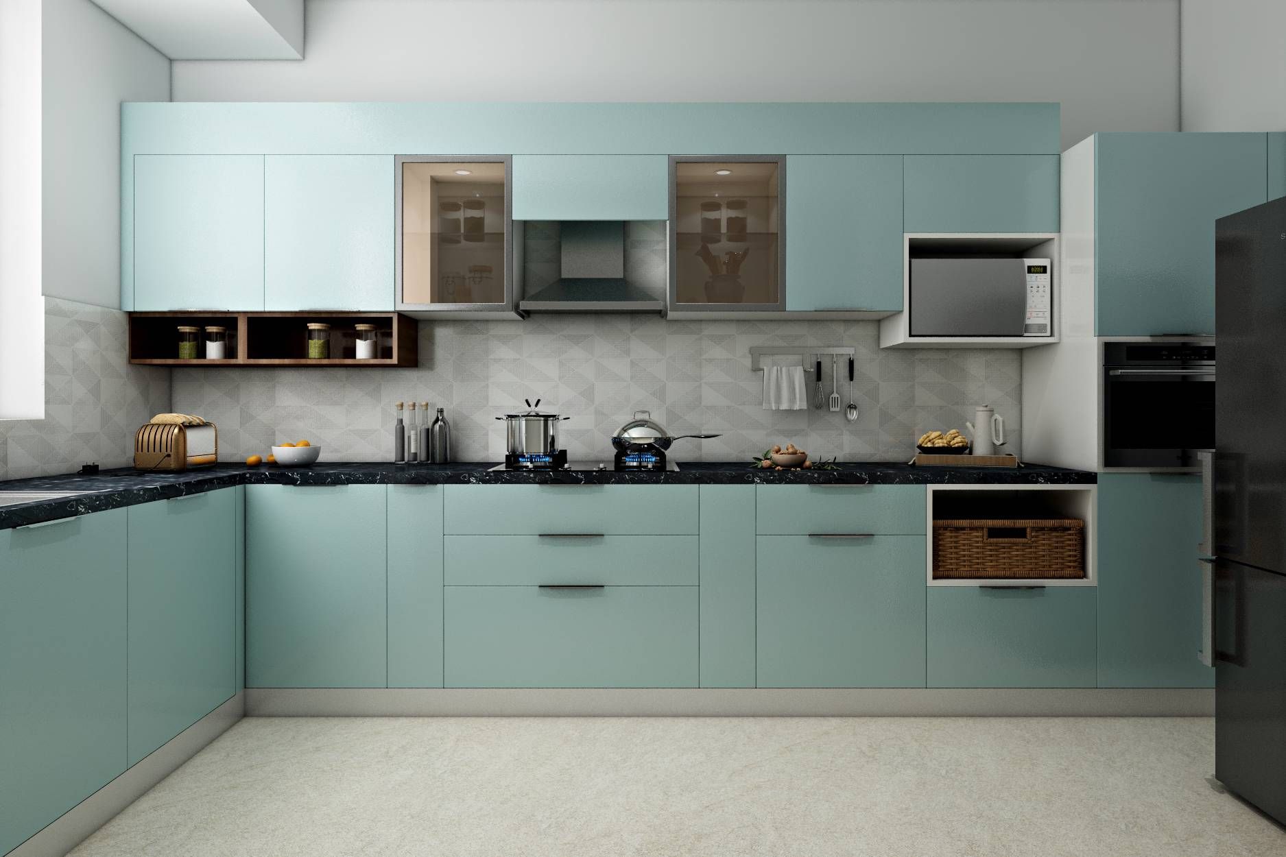 Modern L-Shaped Kitchen Design With Ice Blue-Coloured Storage Units