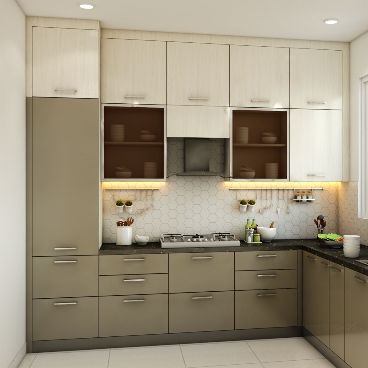 Modern L-Shaped Kitchen Design With Profiled Cove Light