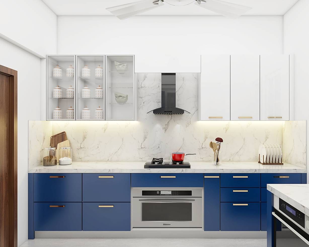 Spacious Modular Kitchen Design In White And Blue