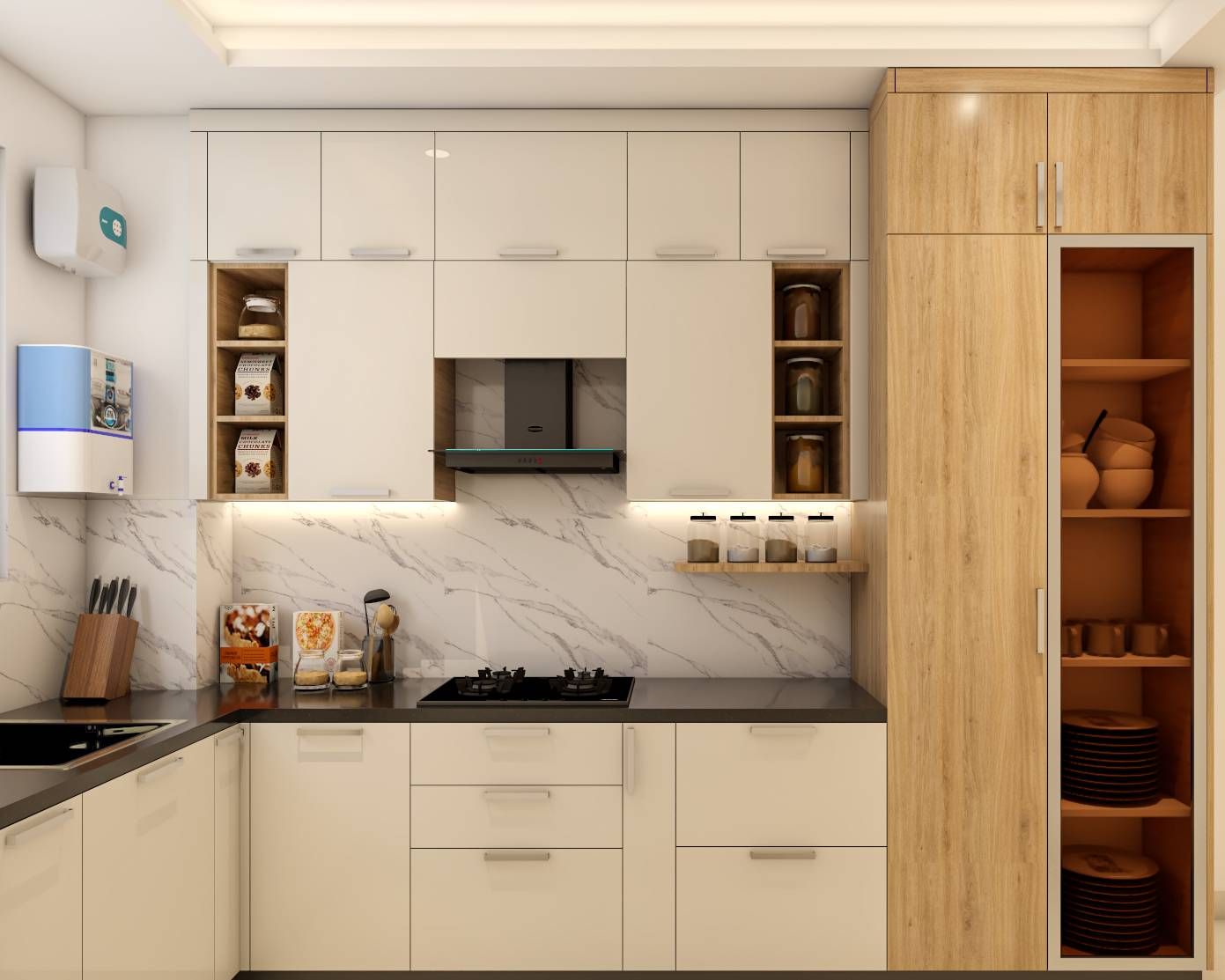 Contemporary L-Shaped Kitchen Design With Suede Laminates