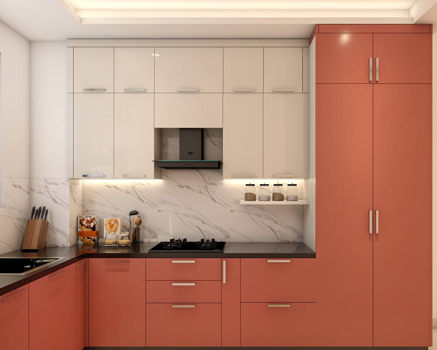 Contemporary Modular Kitchen Design With Rose And White Cabinets