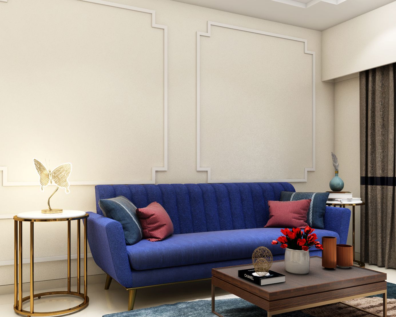 Spacious Living Room Design With Cream Wall Paint And White Trims ...