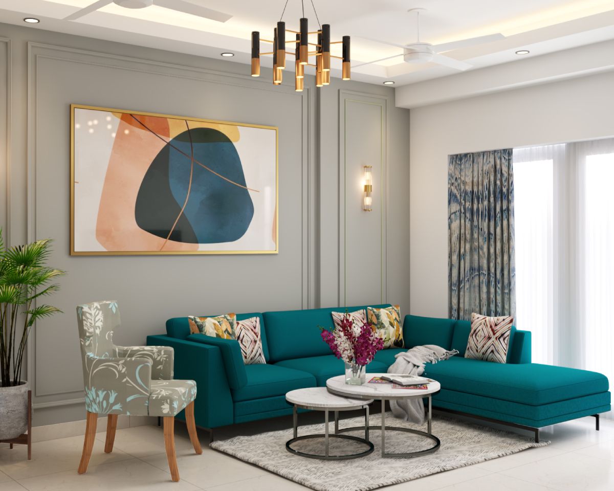 Classic Living Room Design With An L-Shaped Teal Blue Sofa
