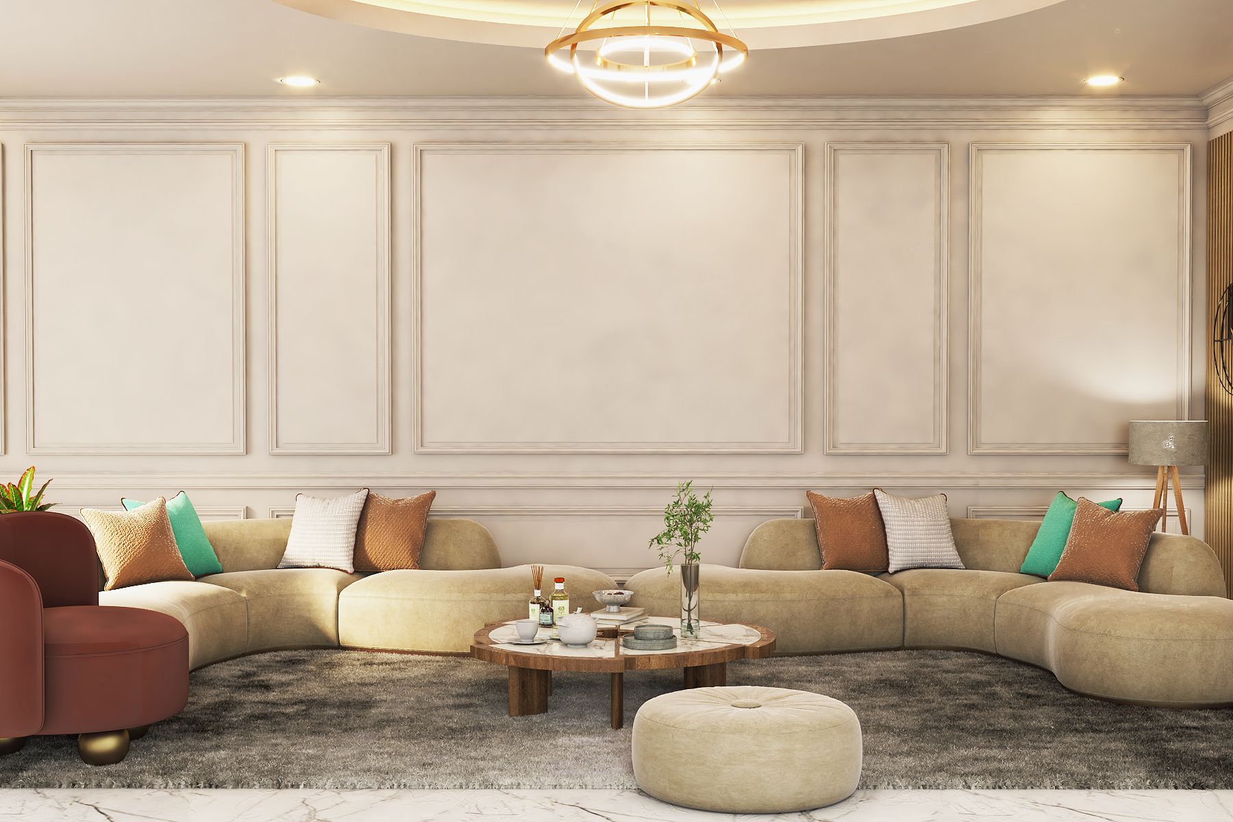 Spacious Living Room Design With Cream Wall Trims | Livspace