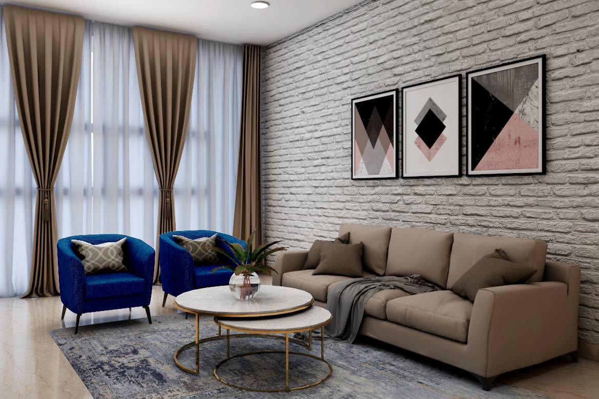 Contemporary Living Room Design With A 3-Seater Beige Sofa And 2 Single-Seater Blue Sofas