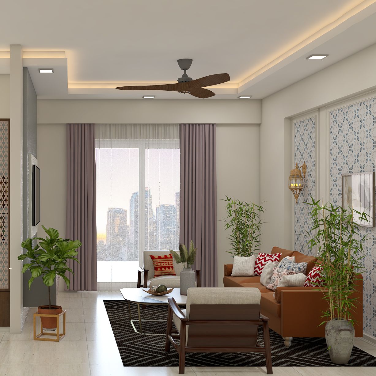 Modern Living Room Design With An Orange Upholstered 3-Seater Sofa