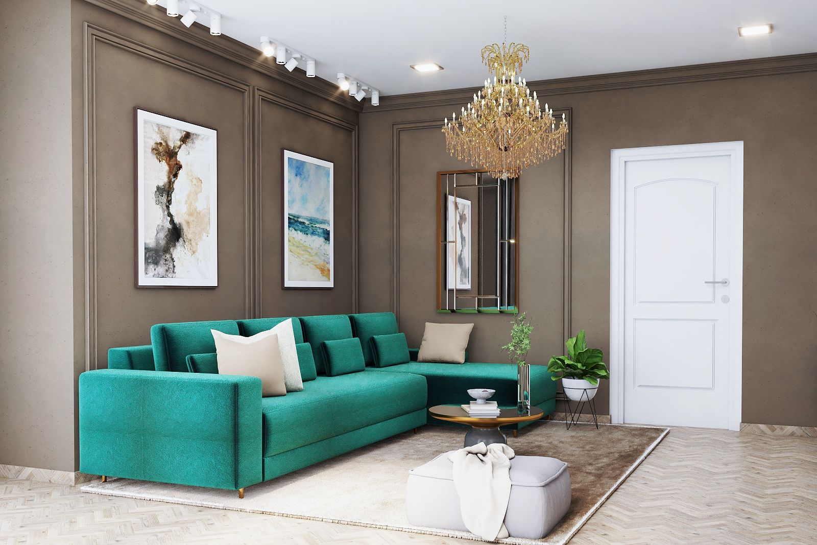 Spacious Living Room Design With Wooden Chevron Flooring | Livspace