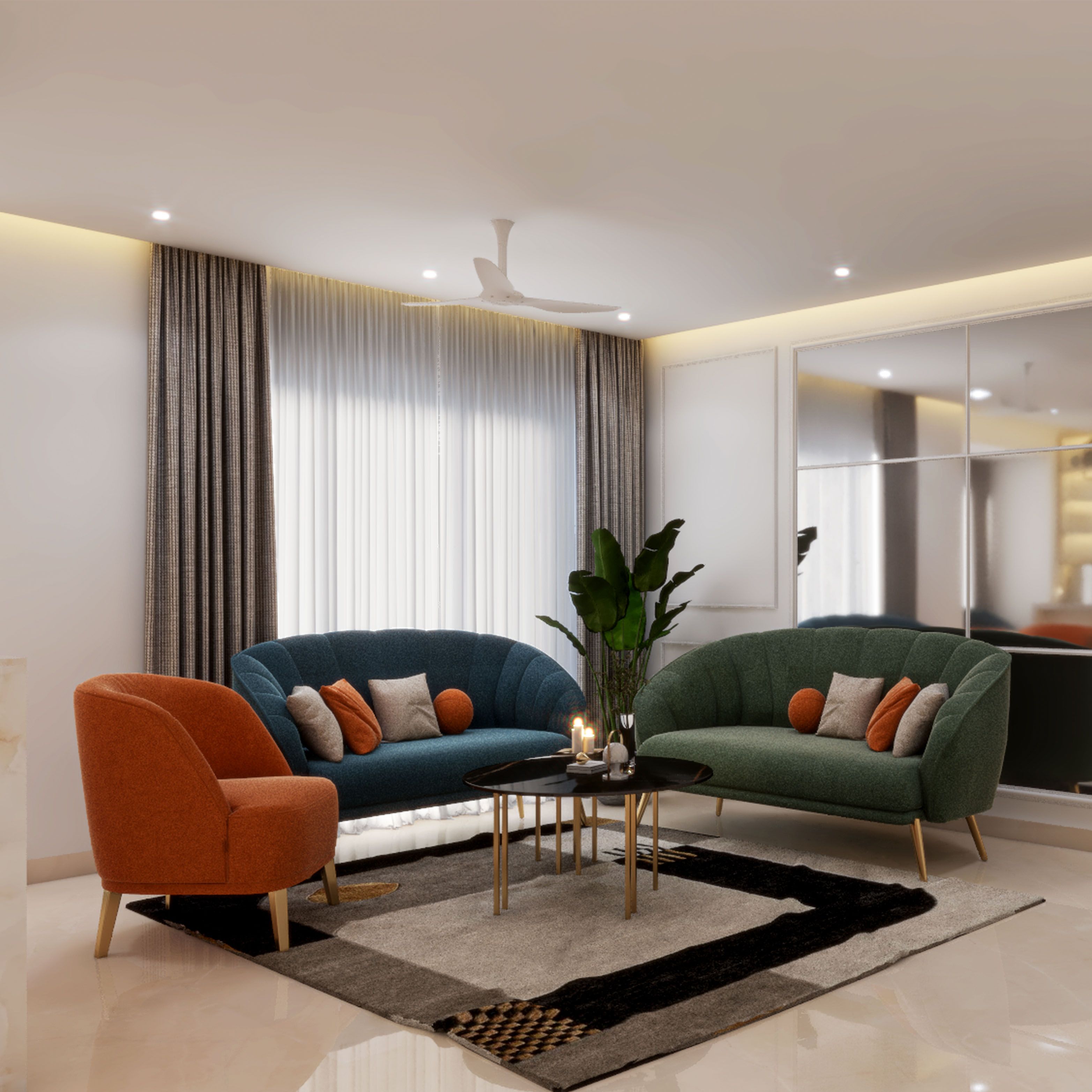 Spacious Living Room Design With An Orange Accent Chair | Livspace