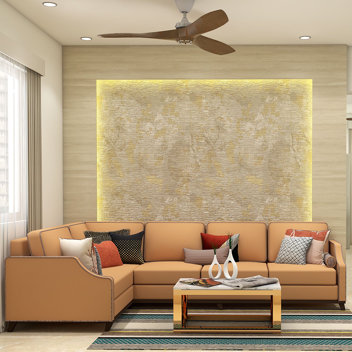 Contemporary Living Room Design With An Orange L-Shaped Sofa