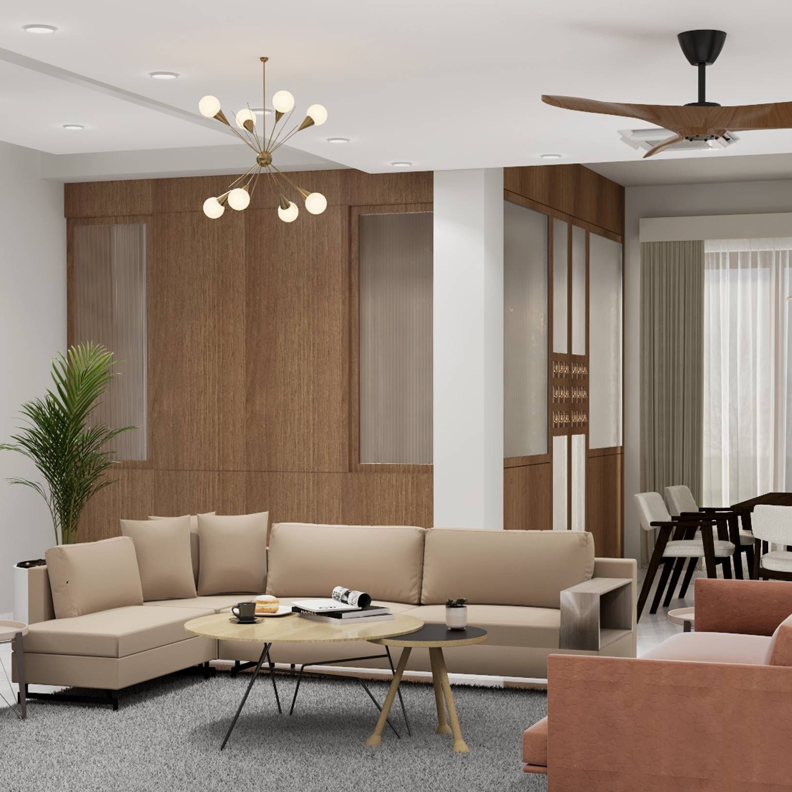Modern Living Room With A Light Brown Upholstered L-Shaped Sofa