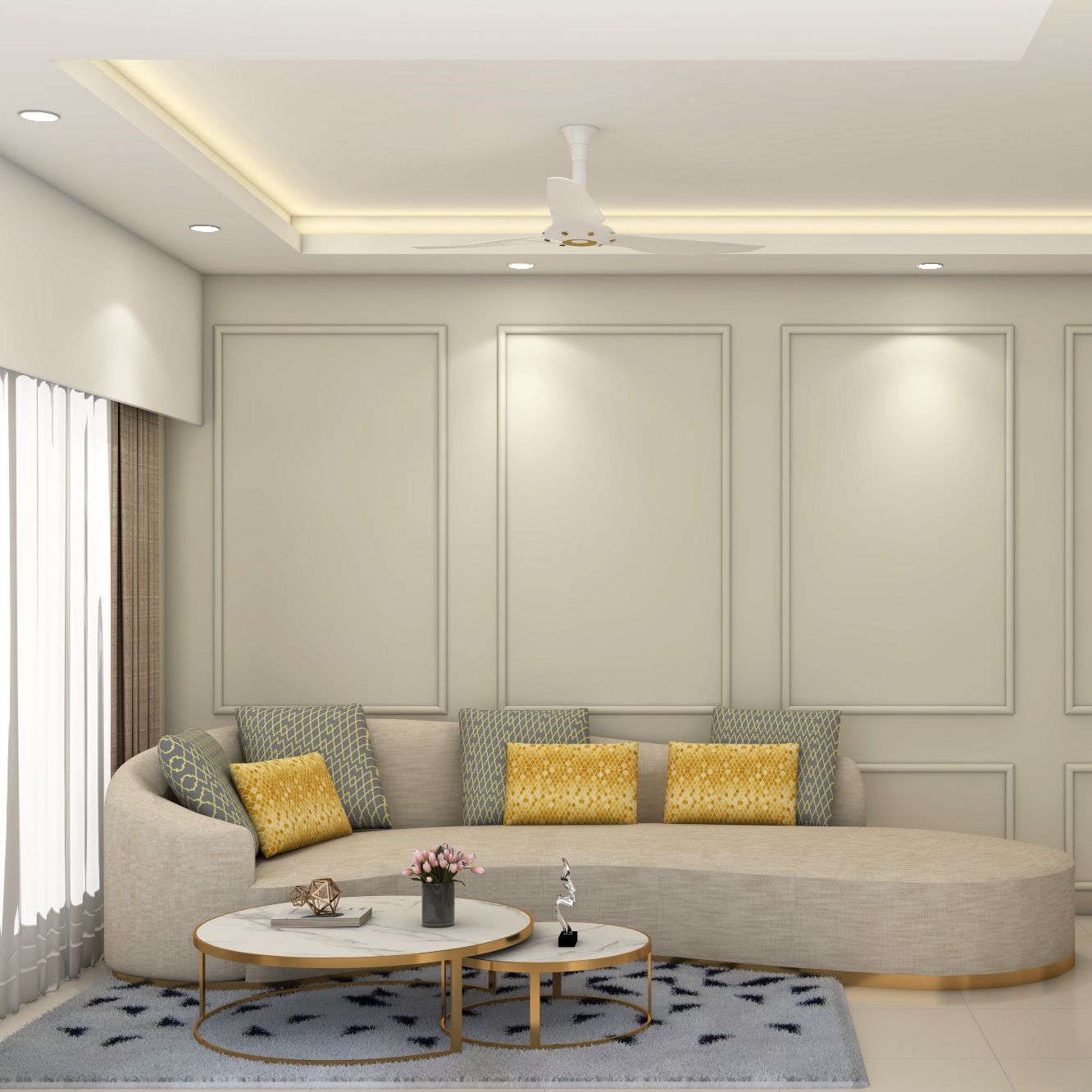 Modern Living Room Design With An Upholsterd Sofa With Yellow Cushions