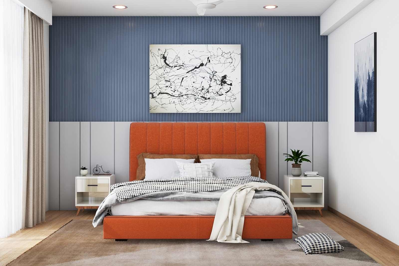 Contemporary Master Bedroom Design With Orange Upholstered Bed