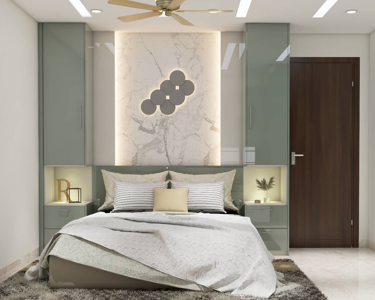 Contemporary Master Bedroom Design With White Marble Panelling