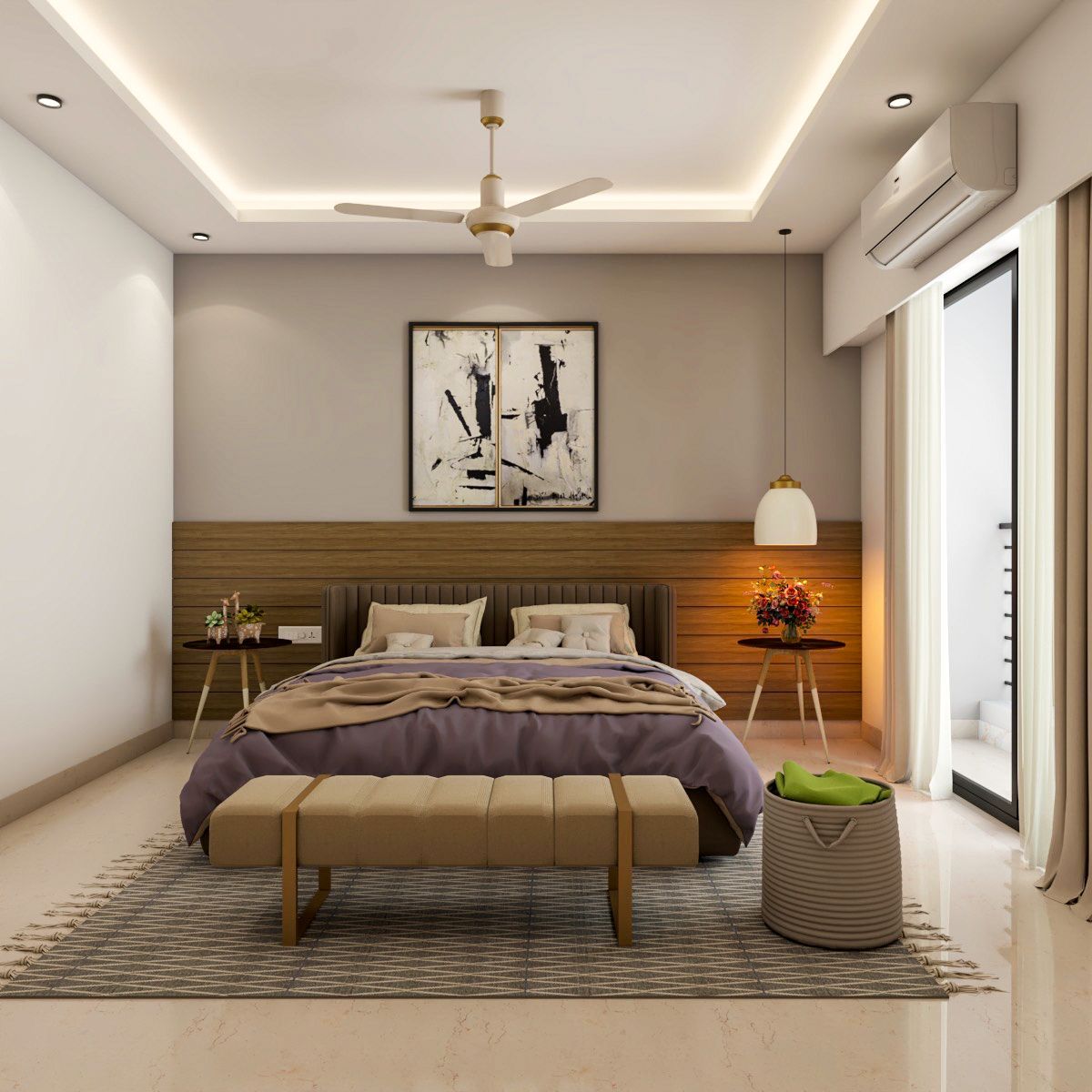Modern Master Bedroom Design With Brown Upholstered Bed
