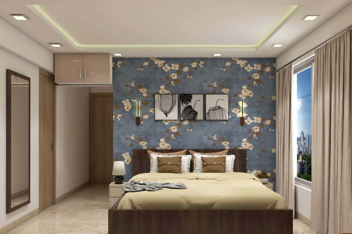 Contemporary Master Bedroom Design With Blue Floral Wallpaper