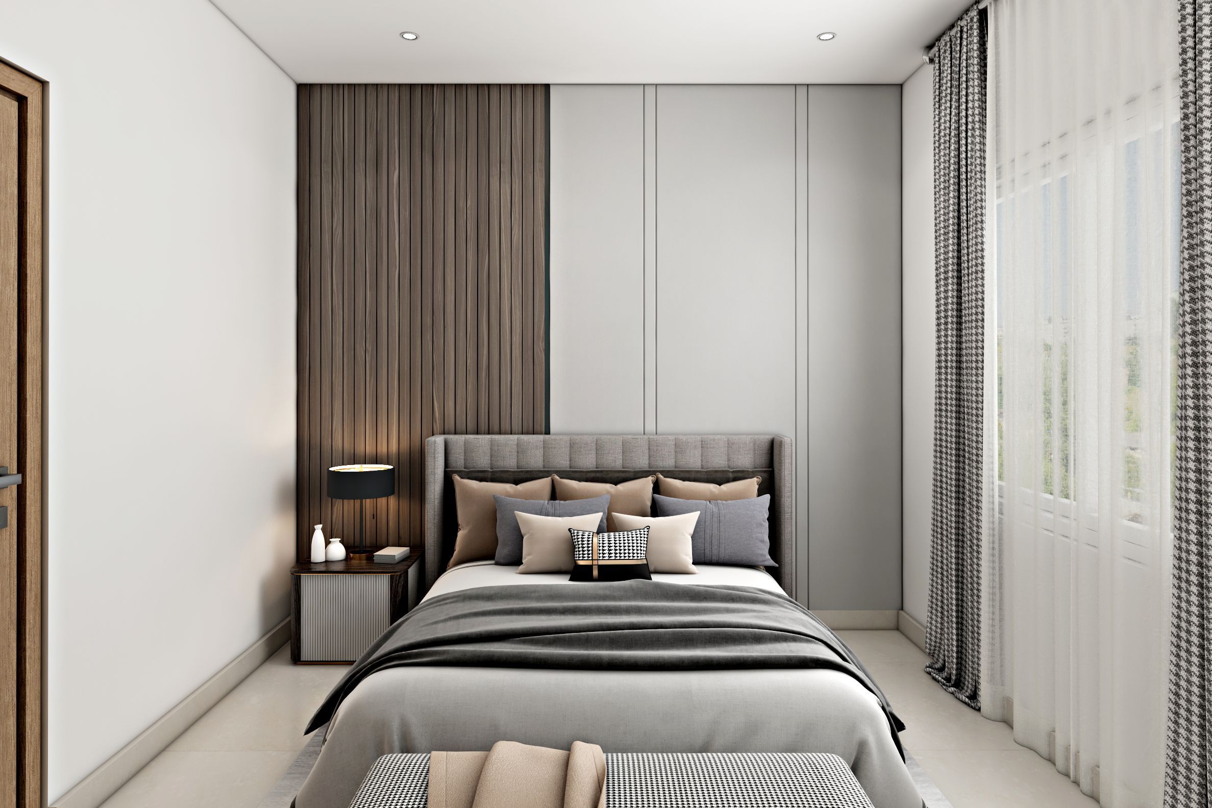 Modern Bedroom Design With A Grey Upholstered Bed