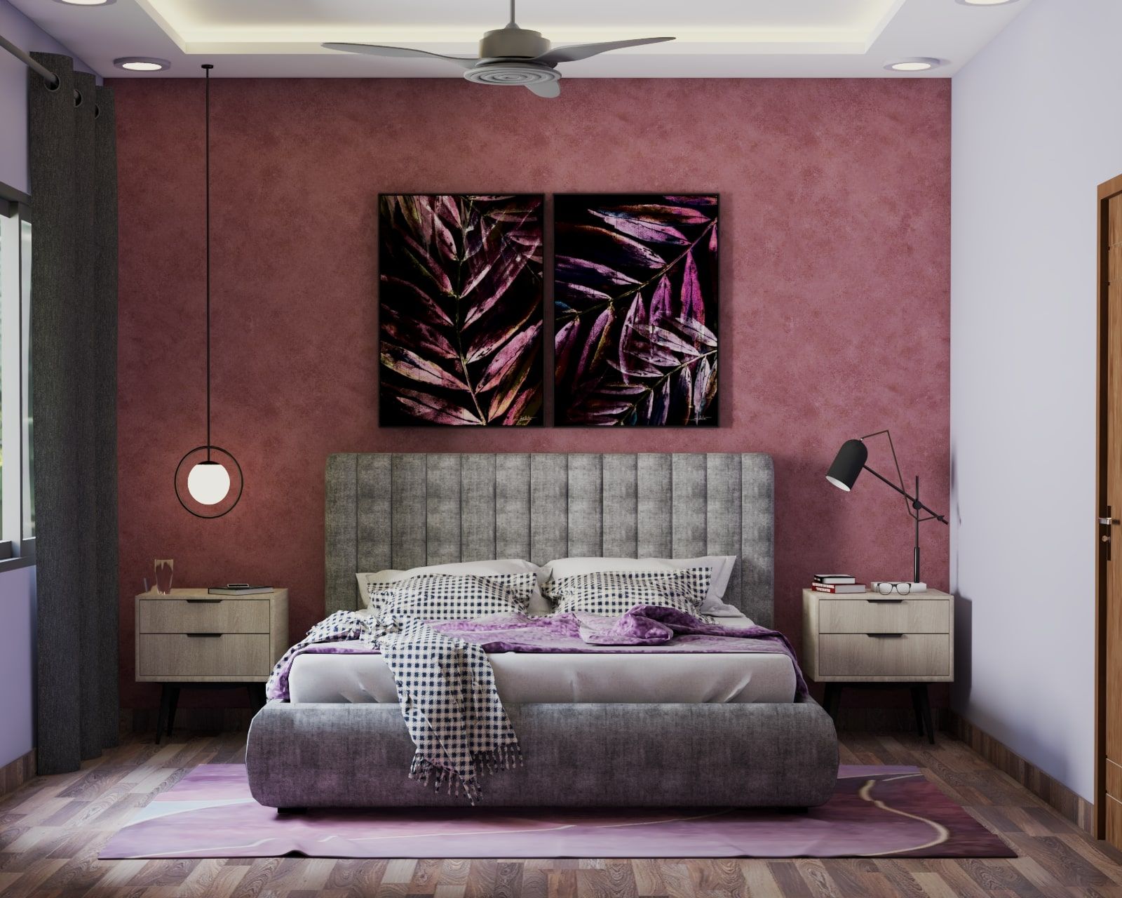 Modern Master Bedroom Design With Pink Textured Walls