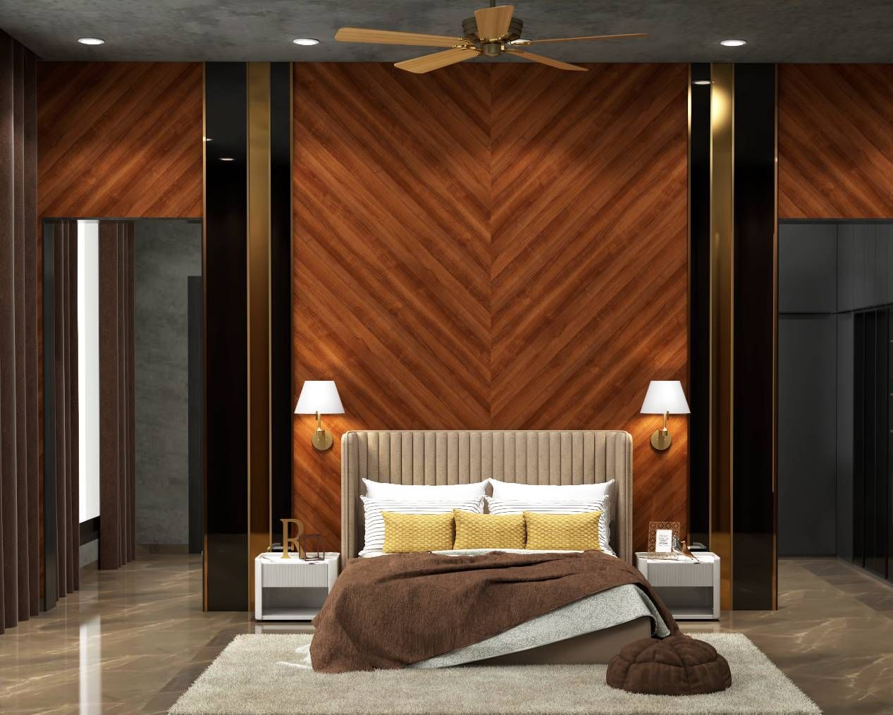Spacious Bedroom Design With Wall Lamps And A Cream Tufted Headboard ...