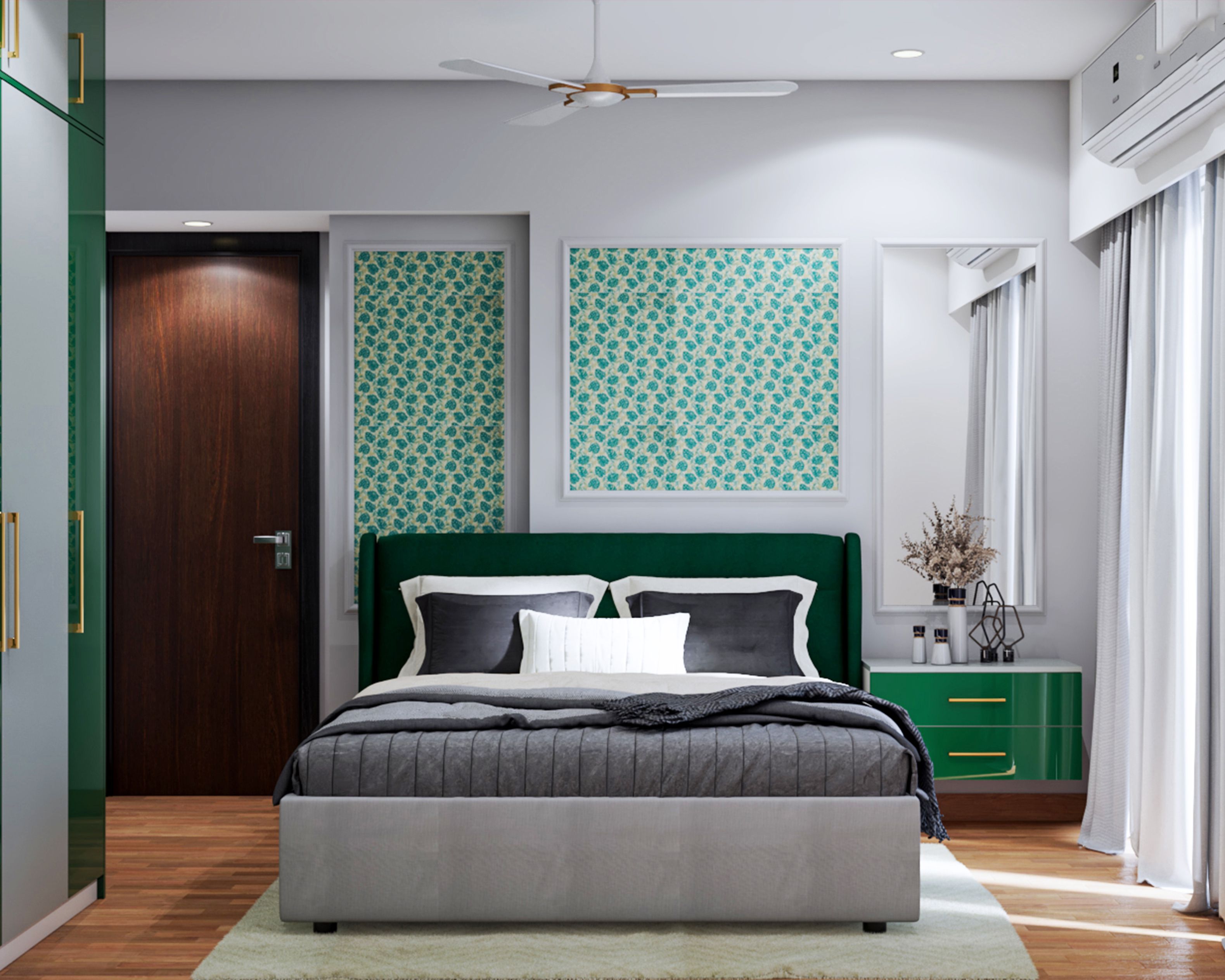 Modern Guest Bedroom Design With Green And White Theme And Shutter