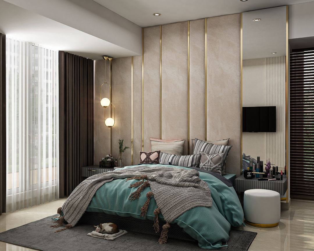 Spacious Bedroom Design With Pendant Lights And Mirror Panelling | Livspace