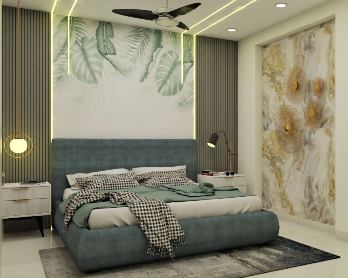Contemporary Bedroom Design With Green Floral Wallpaper