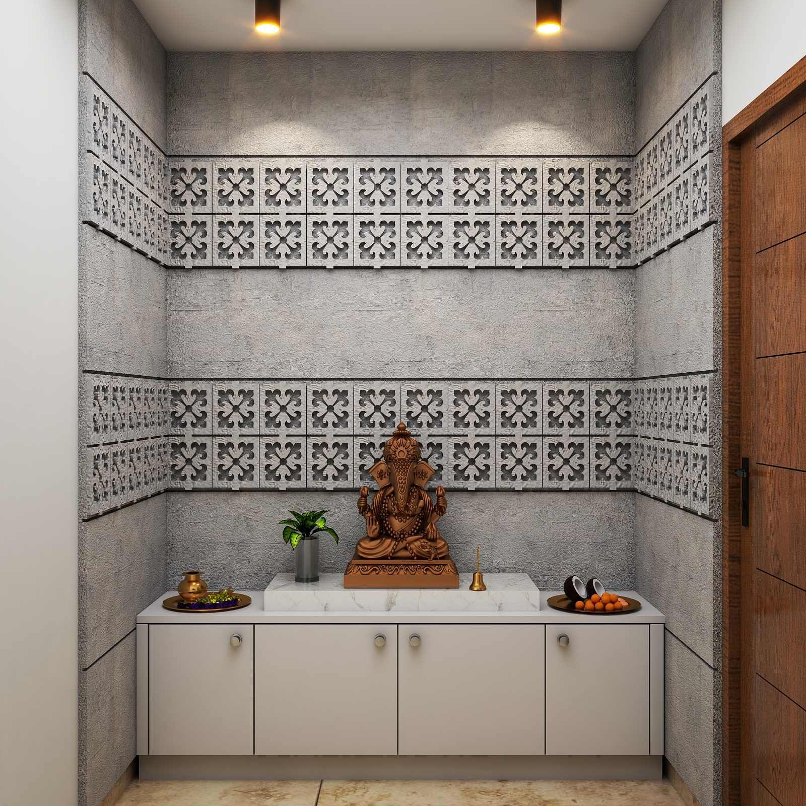 Modern Pooja Room Design With Grey Stone Cladding And Motif Design