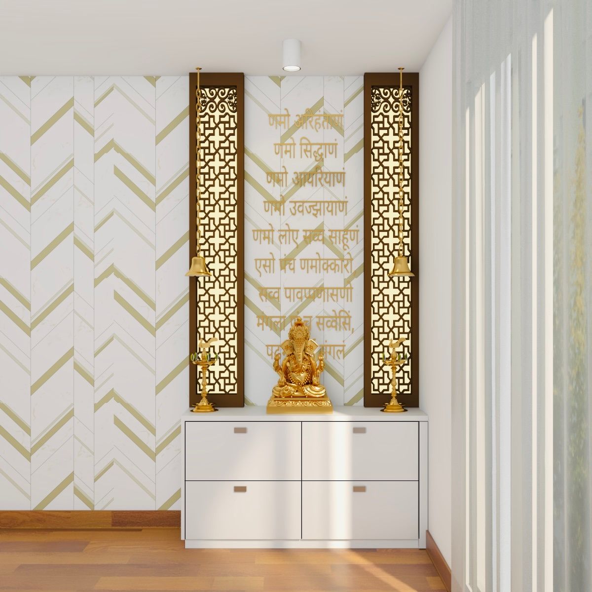 Compact Pooja Mandir Design With White And Gold Wallpaper