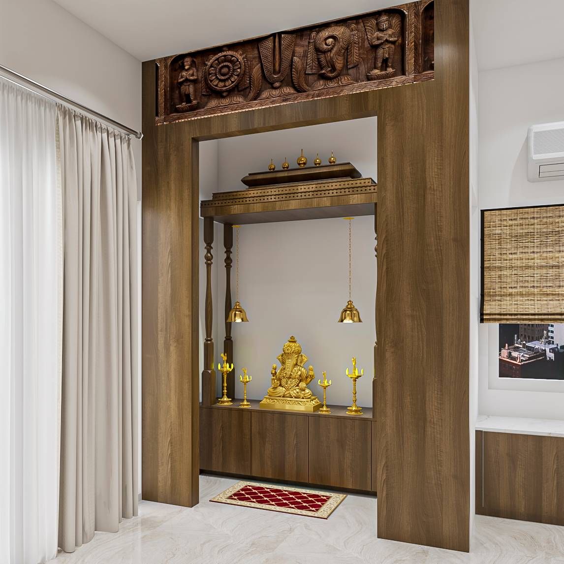 Compact Mandir Design With Beautifully Carved Mandir | Livspace