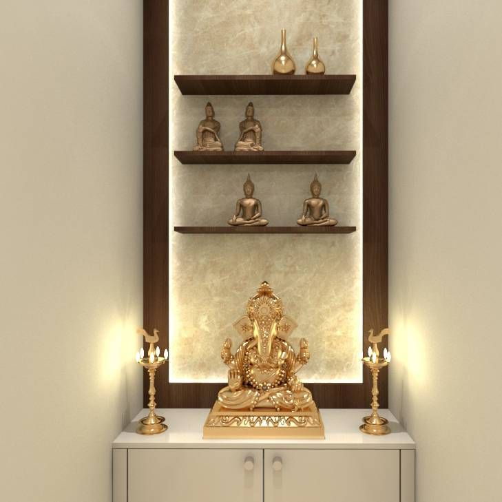 Mandir Design With Textured Beige Wall And Storage | Livspace