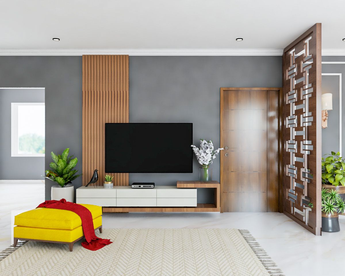Modern White TV Unit With Wooden Details