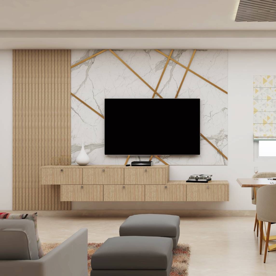 Modern TV Unit Design With Wood And Marble Back Panel