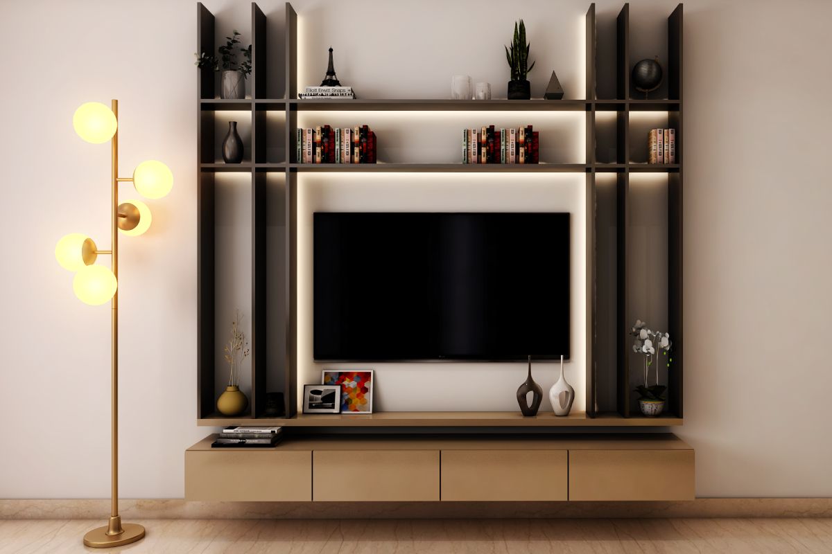 Modern TV Unit Design With Glossy Beige Pull-Out Drawer